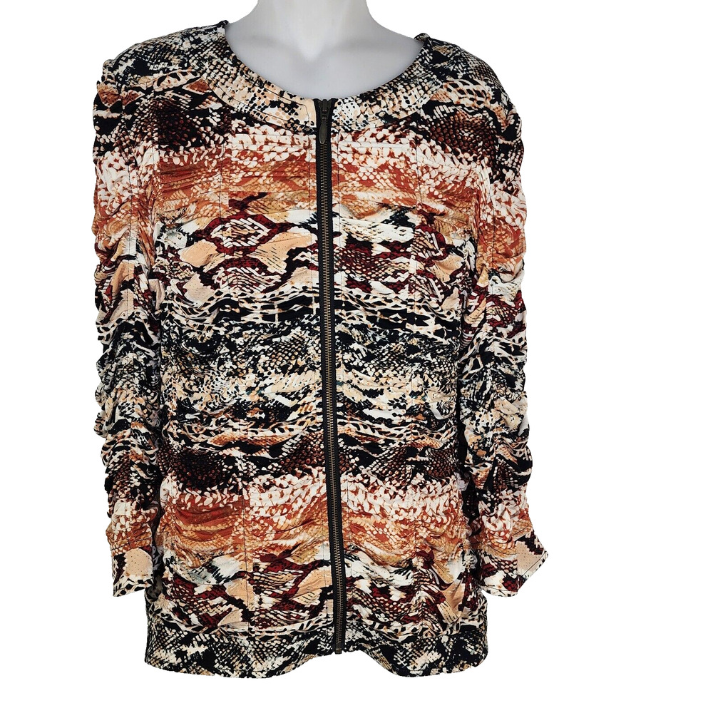 Chicos Jacket Size 2 Large Animal Snakeskin Print Ruched Stretchy Full Zip